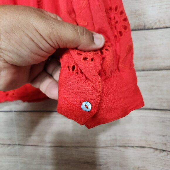 Nicole Miller Womens Artelier Long Sleeve Blouse Embroidered Eyelet Red Large - Picture 6 of 12